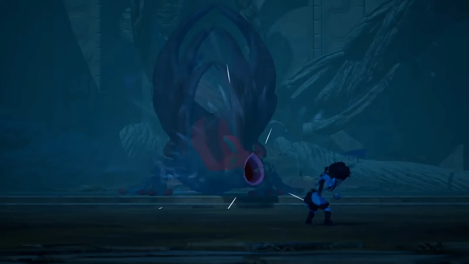 Player character facing a large dark creature with a glowing red opening in a dark blue arena in the Winds of Viridia reveal trailer