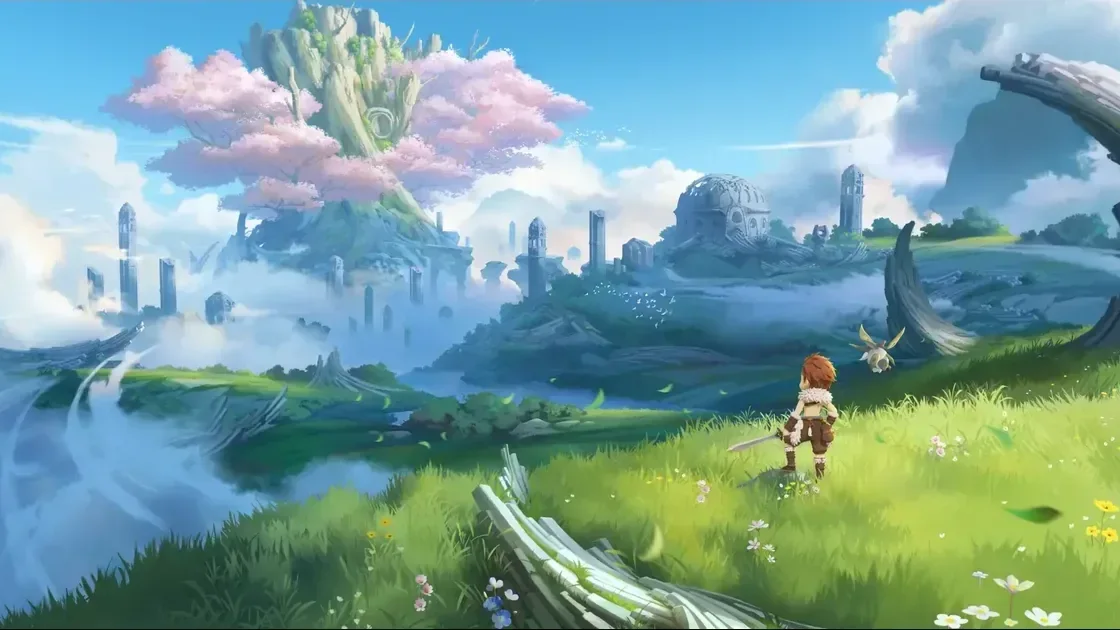 Official key art for Winds of Viridia showing a floating island with a pink-blossom Grantree above a green ruined valley