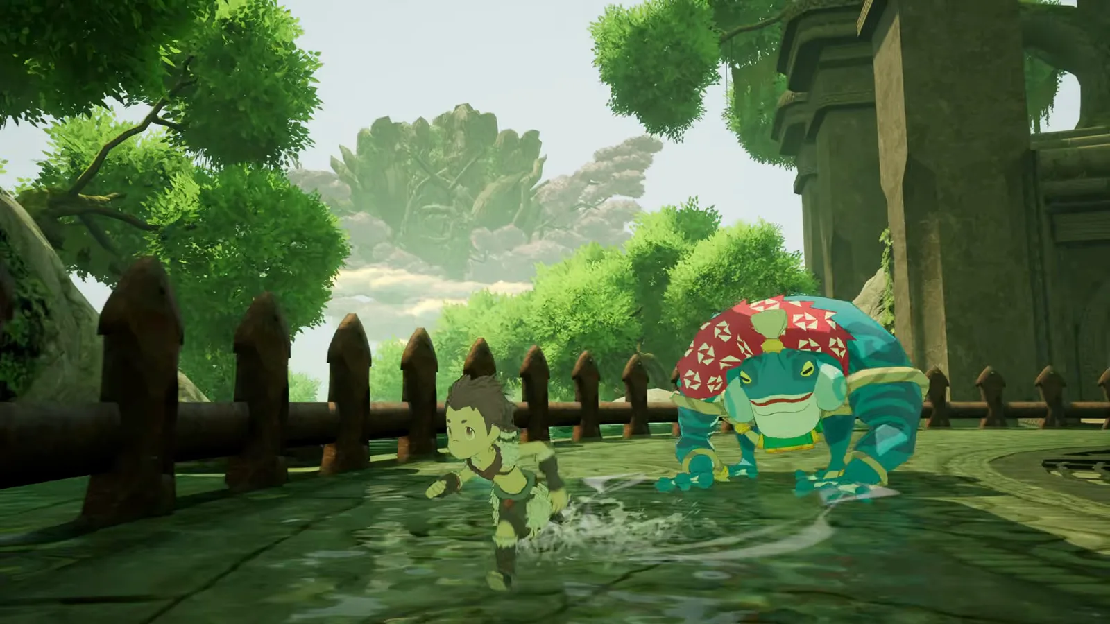 Player character running past a wooden fence toward a teal frog-like creature wearing a mushroom-patterned hat in the Winds of Viridia reveal trailer