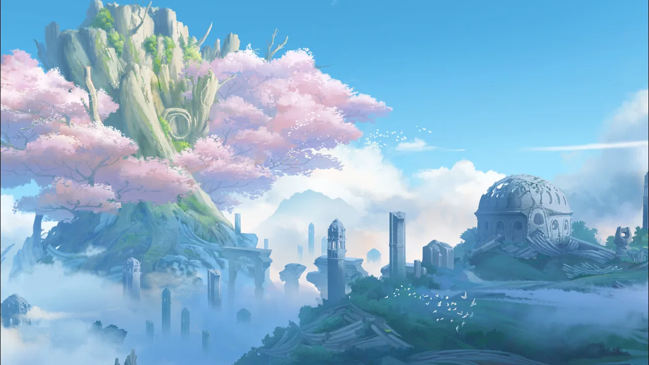 Steam store background artwork for Winds of Viridia showing the floating Grantree island above a ruined valley